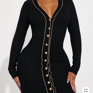 Fashion Nova Black Ribbed Long-Sleeve Midi Dress with Gold Trim